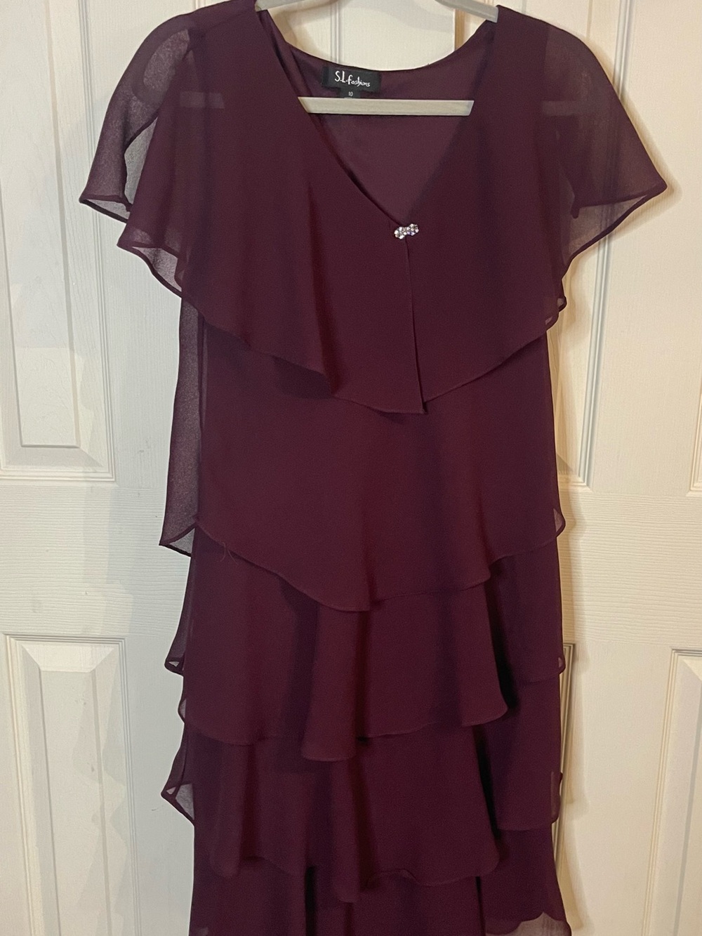 S.L. Fashions Burgundy Tiered Chiffon Midi Dress